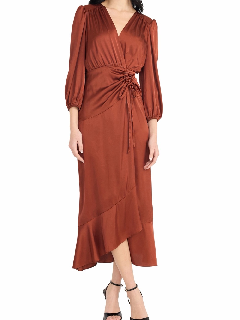 Donna Morgan Rust Brown Tiered Satin Wrap Midi Dress Ruched - Wedding - 6